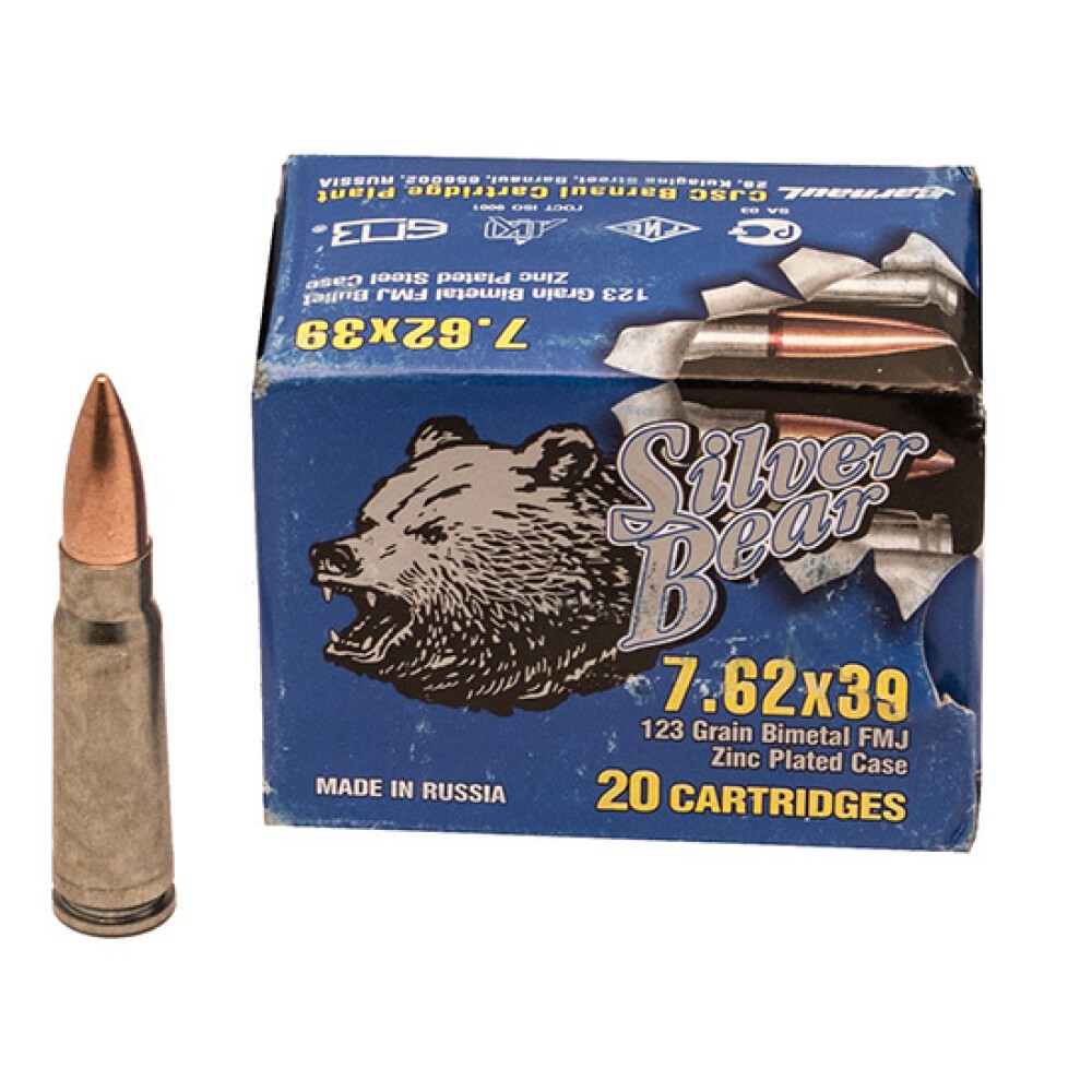 Silver Bear 7.62x39mm FMJ 123 Grain Rifle Ammunition box of 20