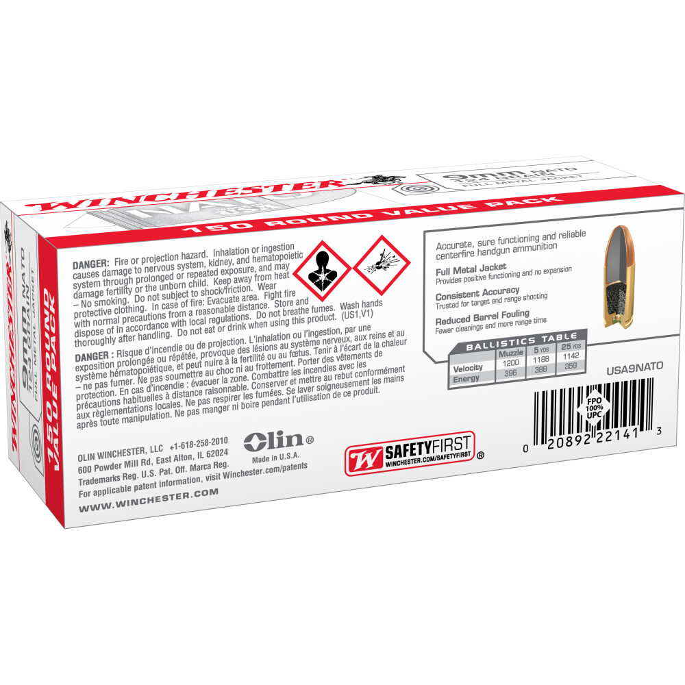 Winchester USA 9mm NATO Ammunition 150 Rounds 124 Grain Full Metal ...