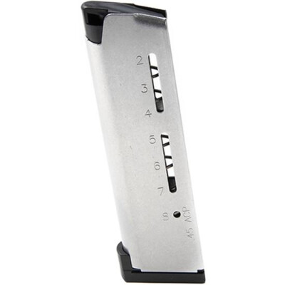 Wilson Combat 1911 Elite Tactical Heavy Duty +P Government/Commander Full Size 8 Round Magazine .45 ACP Aluminum Base Pad Stainless Steel Natural Finish