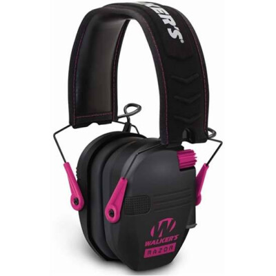 Walker's Game Ear Razor Series Electronic Folding Earmuffs -23dB NRR Padded Headband Soft PVC Earpads Matte Black/Pink Finish GWP-RSEM-PNK