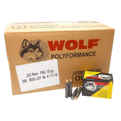 Wolf Performance .223 Remington Ammunition 500 Rounds 55 Grain Full Metal Jacket Brass Jacket Bullet Steel Cased 3241fps