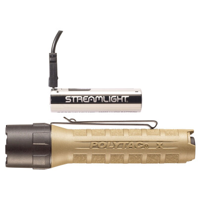 Streamlight PolyTac X USB 600 Lumen Tactical White LED Flashlight Multi-Fuel Compatible Ten-Tap Programming Removable Pocket Clip Nylon Polymer Housing Coyote Tan Finish