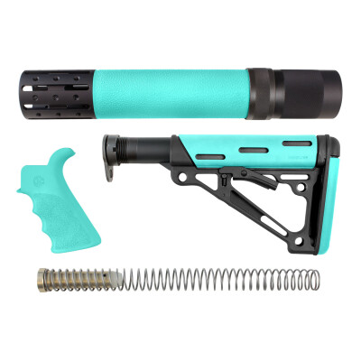 Hogue AR-15 Replacement Furniture Kit Pistol Grip/Collapsible Buttstock/Forend Mil-Spec Compatible Overmolded Rubber Black/Aqua Finish