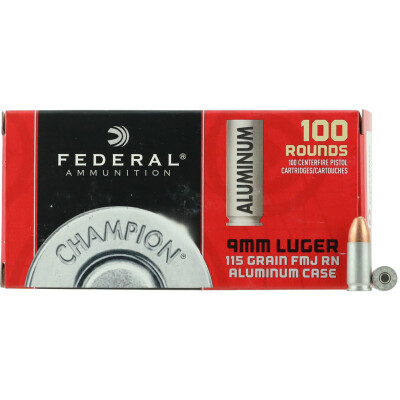 Federal Champion 9mm Luger Ammunition 100 Rounds 115 Grain FMJ Aluminum Case Non-reloadable 1180 fps