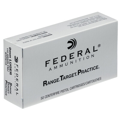 Federal Range Target Practice 9mm Luger Ammunition 50 Rounds 115 Grain Full Metal Jacket 1180fps