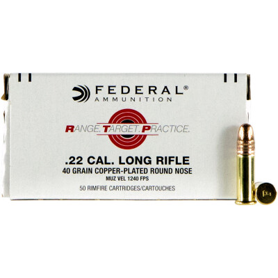Federal Range Target Practice .22 Long Rifle Ammunition 50 Rounds 40 Grain Copper Plated Round Nose 1240fps