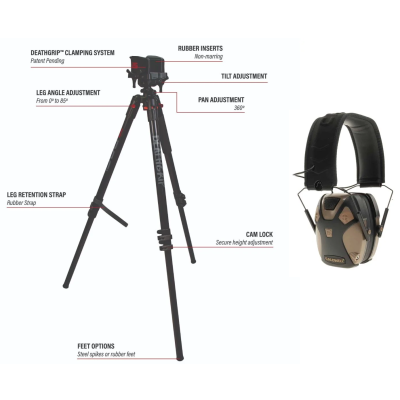 BOG DeathGrip 7" to 59" Aluminum Tripod Black PLUS Caldwell E-Max Pro Electronic Earmuffs