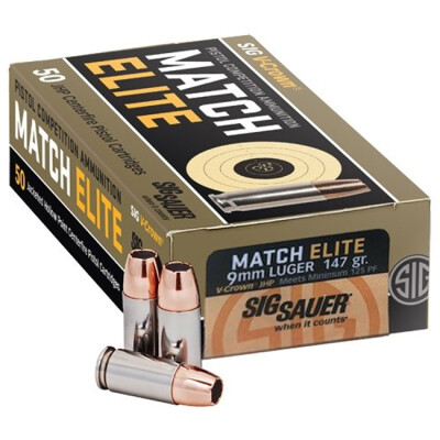 SIG Sauer Match Elite Competition 9mm Luger Ammunition 50 Rounds 147 Grain JHP 900 fps