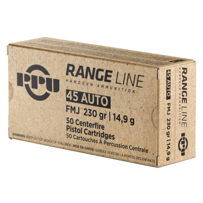 Prvi Partizan PPU Range .45 ACP Ammunition 50 Rounds 230 Grain Full Metal Jacket 836fps