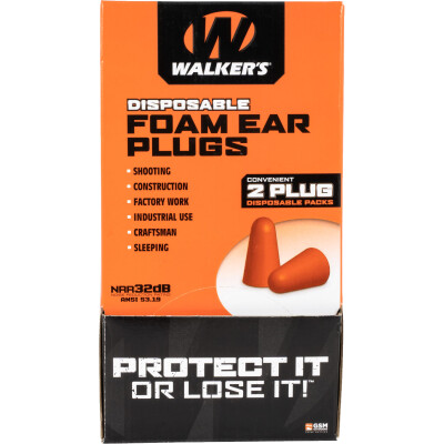 Walkers Foam Ear Plugs Counter Display -32 dB NRR 200 Total Plugs/100 Pairs Individually Bagged Orange