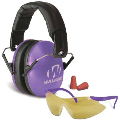 Walker's Game Women Combo Kit Folding Earmuffs with Sport Glasses and Foam Tips Dual Passive Hearing Protection with High Impact Safety Glasses Purple Finish GWP-YWFM2GFP-PUR