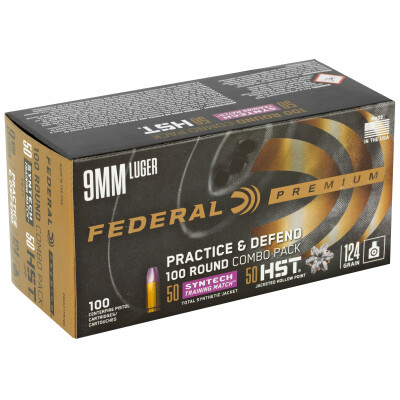 Federal Practice & Defend 9mm Luger Ammunition 100 Rounds Combo Syntech & HST JHP 124 Grain