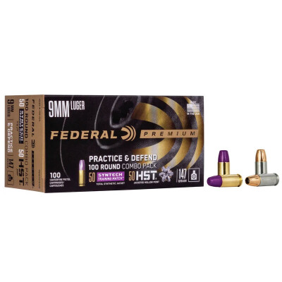 Federal Practice & Defend 9mm Luger Ammunition 100 Rounds Combo Syntech & HST JHP 147 Grain