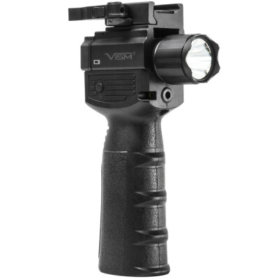NcSTAR Vertical Grip with Strobe Flashlight and Green Laser 200 Lumens CREE LED Bulb CR 123A Battery x2 Picatinny Mount Toggle Switch Black