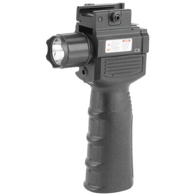 NcSTAR Vertical Grip with Strobe Flashlight and Red Laser 200 Lumens CREE LED Bulb CR 123A Battery x2 Picatinny Mount Toggle Switch Black