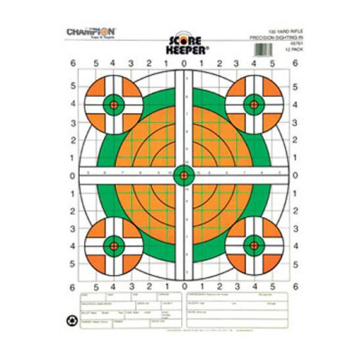 Champion Scorekeeper 100 Yard Rifle Sight In Paper Target Orange/Green Bulls 12 Pack 45761