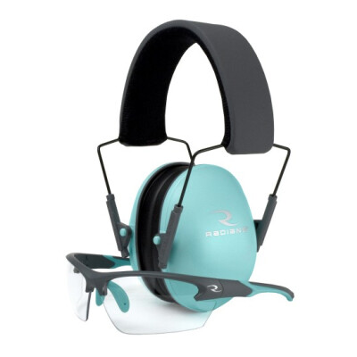 Radians Lowset Eyewear/Earmuff Combo Passive -21dB Noise Reduction Rating Adjustable Moisture Wicking Headband Compact Folding Feature Aqua/Charcoal Finish