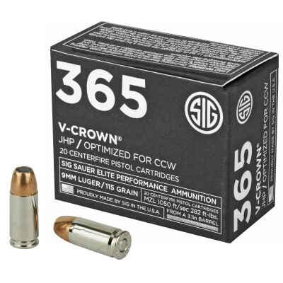 SIG Sauer Elite V-Crown 9mm Luger Ammunition 20 Rounds JHP 115 Grain