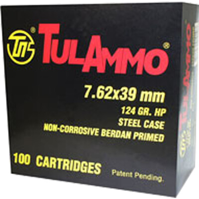 TulAmmo 7.62x39mm Ammunition 100 Rounds 124 Grain HP Polymer Coated Steel Case 2330fps
