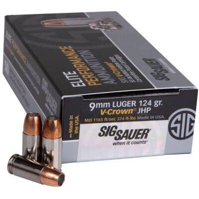 SIG Sauer Elite V-Crown 9mm Luger Ammunition 50 Rounds JHP 115 Grain