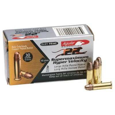.22 LR Aguila Supermaximum Hyper Velocity 30 Grain Copper Plated Solid Point 1750 fps 50 Round Box 1B222298