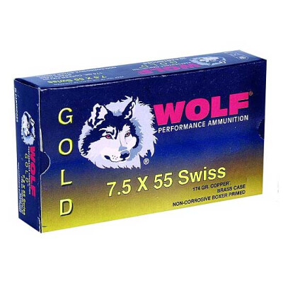 Ammo 7.5x55 Swiss Wolf Gold 174 Grain SP, Brass Cased, Copper Jacketed, 2526 fps, 20 Round Box