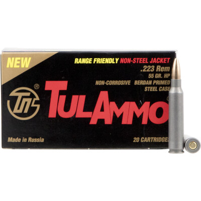 TulAmmo Range Friendly .223 Remington Ammunition 20 Rounds 55 Grain Hollow Point Brass Jacket Bullet Steel Cased 2,953fps