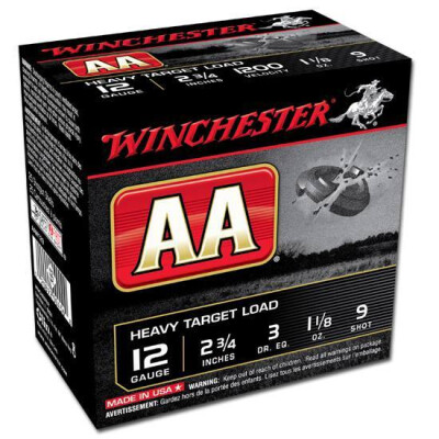Ammo 12 Gauge Winchester AA Heavy Target 2-3/4" #9 Lead 1-1/8 Ounce 1200 fps 250 Round Case AAM129