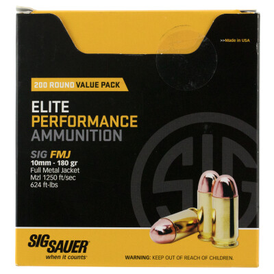 SIG Sauer Elite Performance 10mm Auto Ammunition 200 Rounds 180 Grain Full Metal Jacket 1250fps