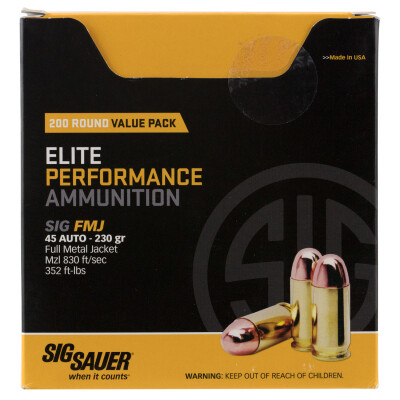 SIG Sauer Elite Performance .45 ACP Ammunition 200 Rounds FMJ 230 Grain