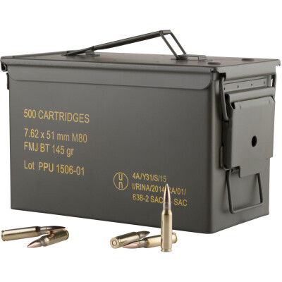 Prvi Partizan PPU Mil-Spec 7.62 NATO Ammunition 500 Rounds 145 Grain Full Metal Jacket Boat Tail M80 Projectile 2835fps Metal Ammo Can