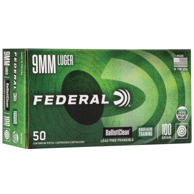 Federal Premium BallistiClean 9mm Luger Ammo 50 Rounds Lead Free Frangible RHT Bullet 100 Gr 1240 fps