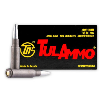 Ammo .308 Win. TulAmmo FMJ 150 Grain 500 Round Case Made in Russia 2800 fps Steel Cased Polymer coated.