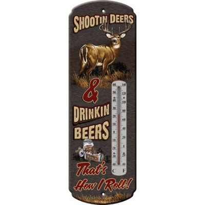 River's Edge Products Nostalgic "Shootin Deers" Thermometer Tin 5 Inches x 17 Inches 1339