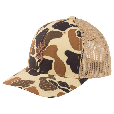 Browning Cupped Up Mesh Back Cap Flexfit Snap Closure Men's OSFM Vintage Tan Camo/Tan