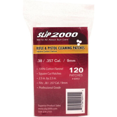 Slip 2000 Gun Cleaning Patches .38/.357/.40 Caliber and 9mm/10mm 2.5" Square Cotton Flannel 120 Count