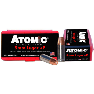 Atomic 9mm Luger +P Ammunition 50 Rounds 124 Grain Bonded Match Hollow Point 1300fps