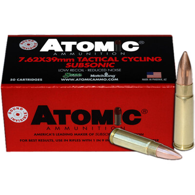 Atomic Tactical Cycling 7.62x39 Sub-Sonic Ammunition 50 Rounds 220 Grain BTHP 1050fps