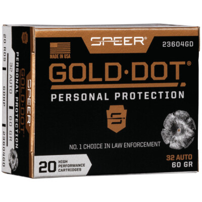 Speer Gold Dot Personal Protection .32 ACP Ammunition 20 Rounds 60 Grain GDHP 960fps