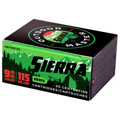 Sierra Outdoor Master 9mm Luger Ammunition 20 Rounds 115 Grain Sports Master JHP Bullet 1135 fps