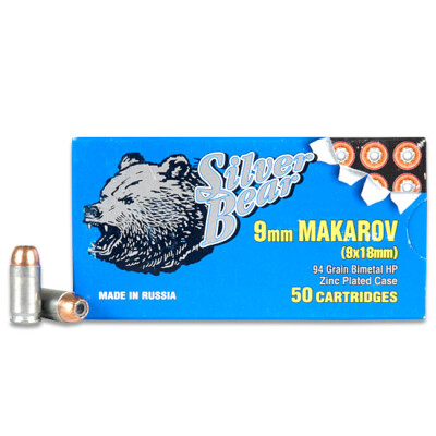 Silver Bear 9x18 Makarov Hollow Point Zinc Plated Steel Case, 94 Grain, 1000 fps, 50 Round Box, A918RHPN