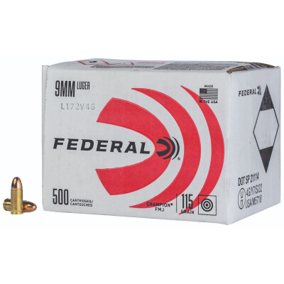 Federal Champion 9mm Luger Ammunition 500 Rounds 115 Grain FMJ