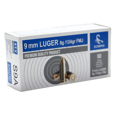Scorpio 9mm Luger Ammunition 50 Rounds 124 Grain FMJ
