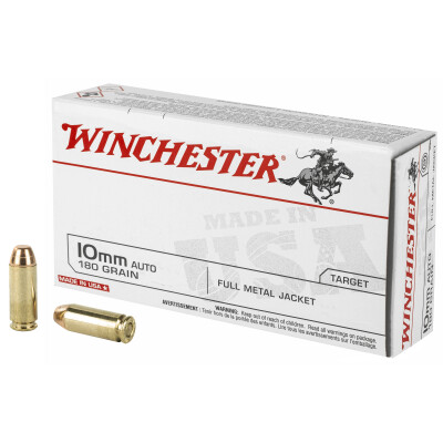 Winchester USA 10mm Auto Ammunition 50 Rounds 180 Grain Full Metal Jacket Flat Nose 1080fps
