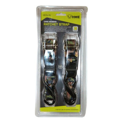HME Products Ratchet Strap 2 Pack Rubber Coated S Hook Camo