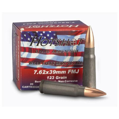 Ammo 7.62x39 HotShot 123 Grain FMJ Bullet 2296 fps 20 Rounds AM1468A