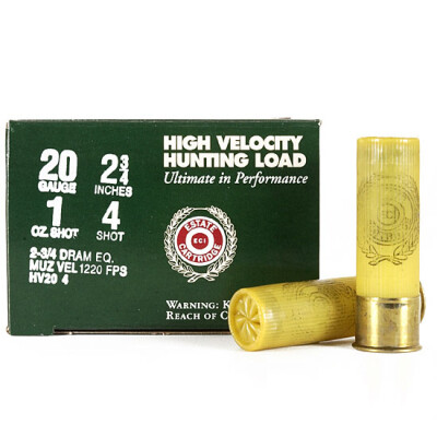 Ammo 20 Gauge Estate Cartridge High Velocity Hunting Load 2-3/4" #4 Lead 1 Ounce 1220 fps 25 Rounds HV204