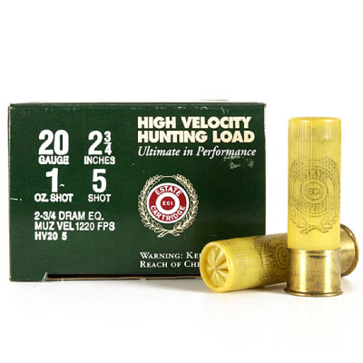 Ammo 20 Gauge Estate Cartridge High Velocity Hunting Load 2-3/4" #5 Lead 1 Ounce 1220 fps 25 Round Box HV205