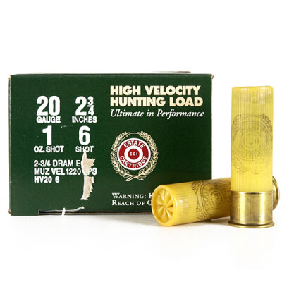 Ammo 20 Gauge Estate Cartridge High Velocity Hunting Load 2-3/4" #6 Lead 1 Ounce 1220 fps 25 Round Box HV206