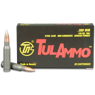 TulAmmo .308 Win Ammunition, 20 Rounds, Steel Case FMJ, 150 Grains
